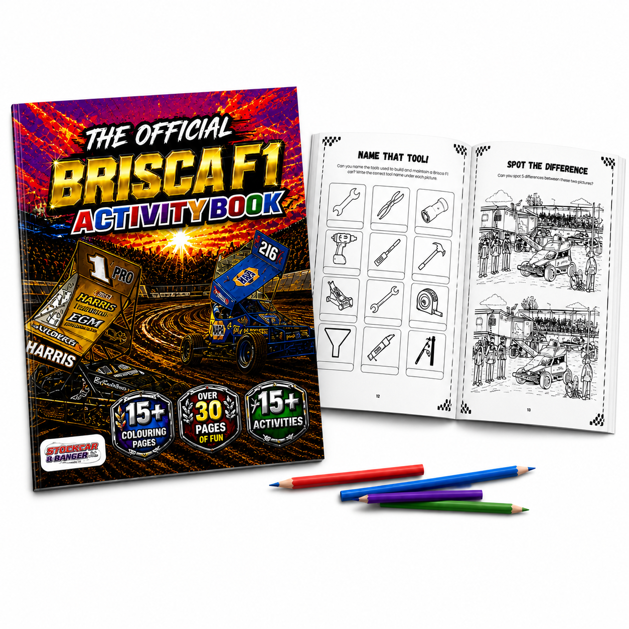 BRISCA F1 stockcar racing merchandise Activity Book with colouring pages and pencils on a white background