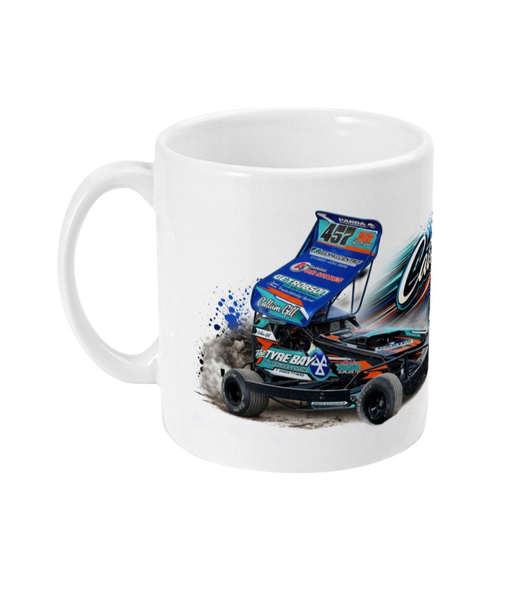 Callum Gill 457 Brisca F1 stock car mug — side view showing teal and dark blue car in action on shale