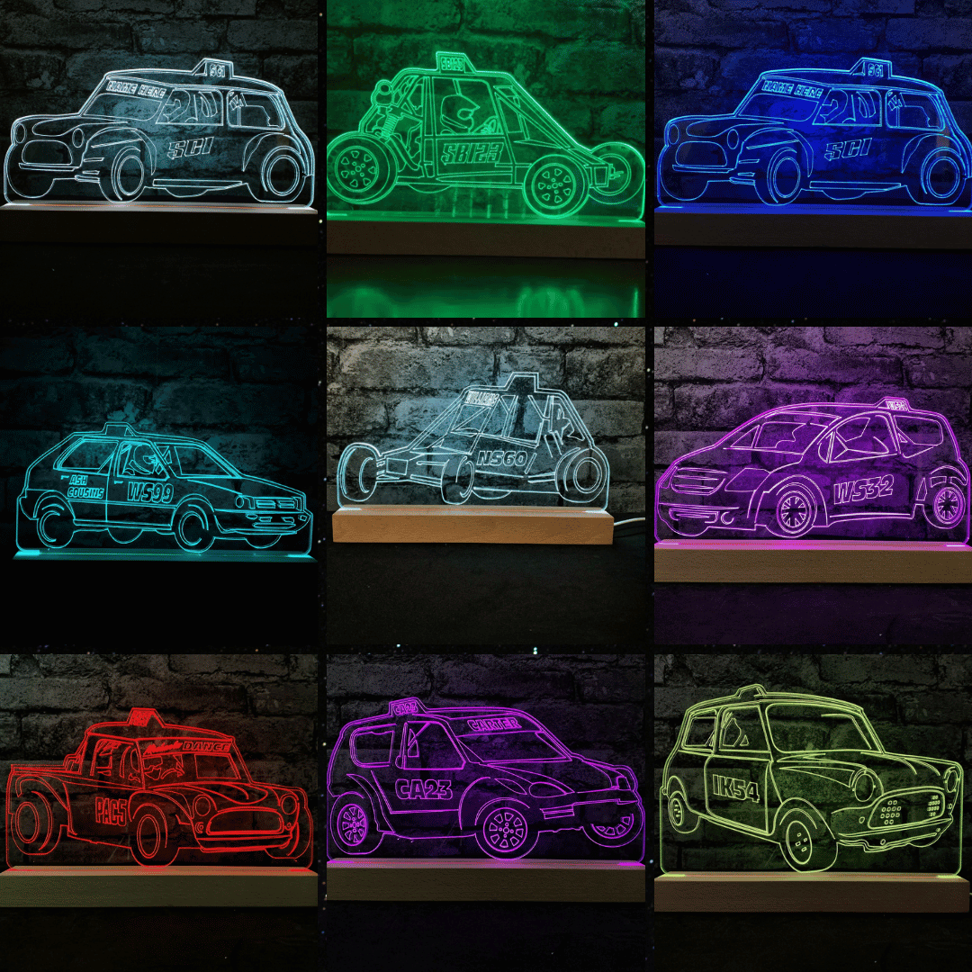 Autograss Night Light Collection - LED Lamps - Available Personalised with any text or race number, 7 colour settings, Wooden base included, USB power cable. From £30