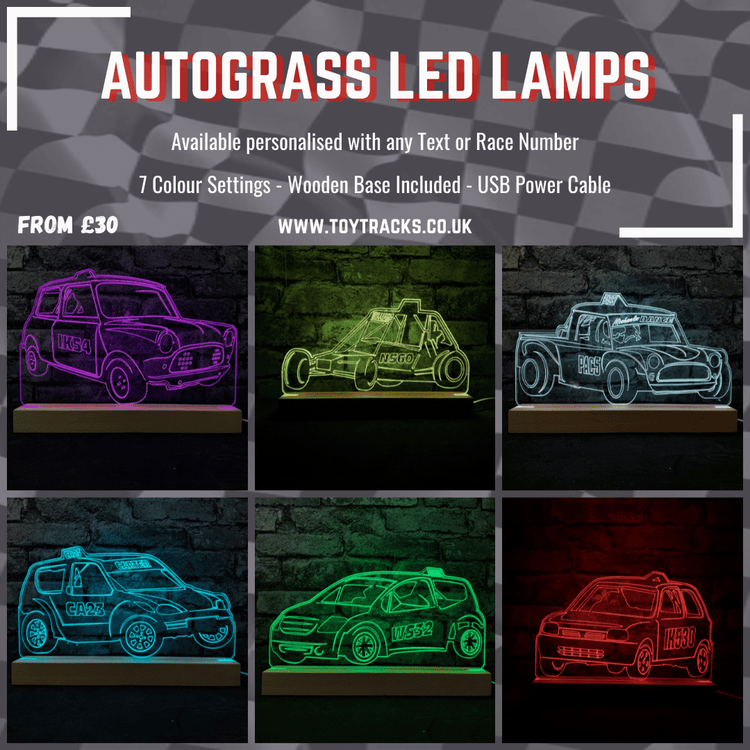 Autograss Night Light Collection - LED Lamps - Available Personalised with any text or race number, 7 colour settings, Wooden base included, USB power cable. From £30