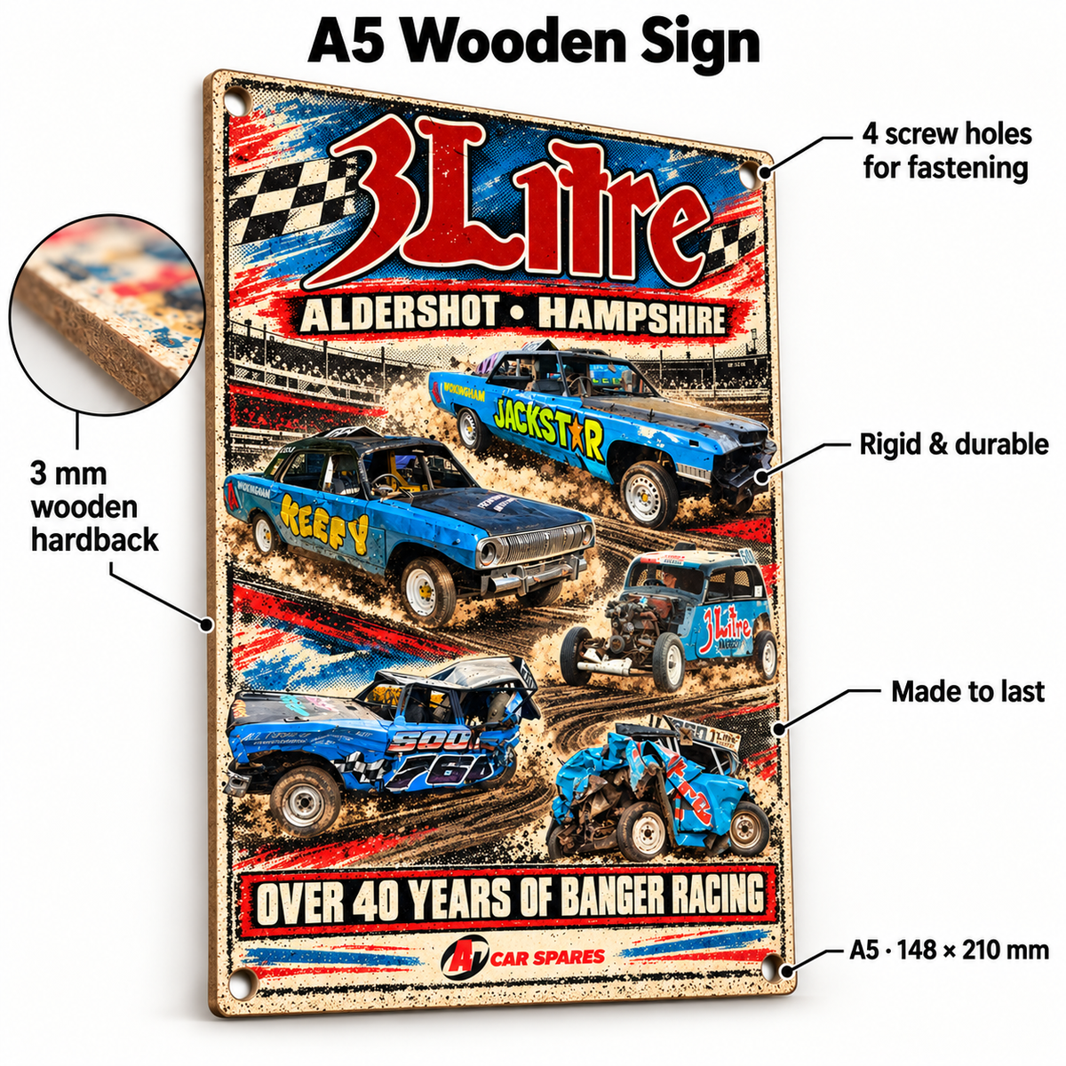 3 Litre A5 wooden retro sign – 3 mm wooden hardback and four screw holes