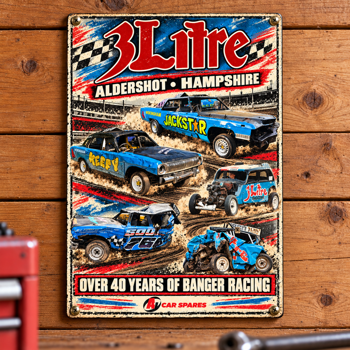3 Litre A5 wooden retro sign – mounted on a workshop wall