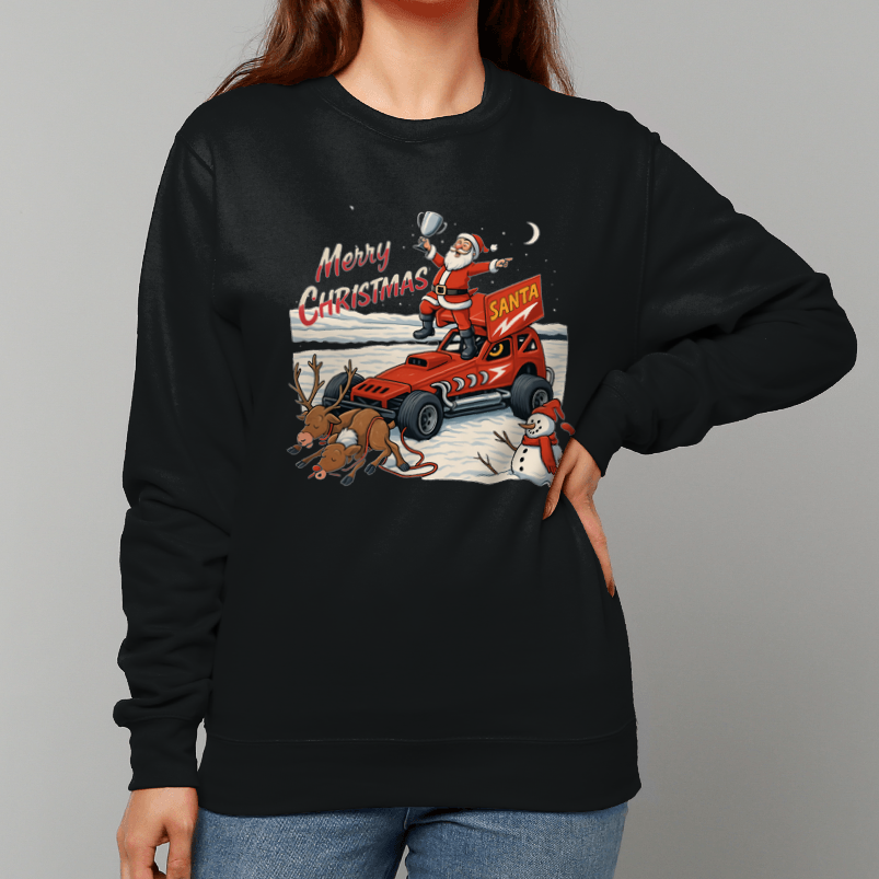 Person wearing a black sweatshirt with a Christmas design featuring Santa and a Brisca F1 Stockcar