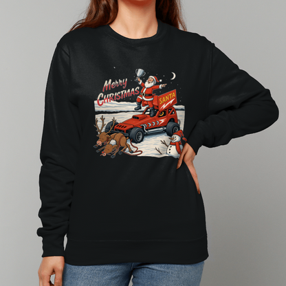 Person wearing a black sweatshirt with a Christmas design featuring Santa and a Brisca F1 Stockcar