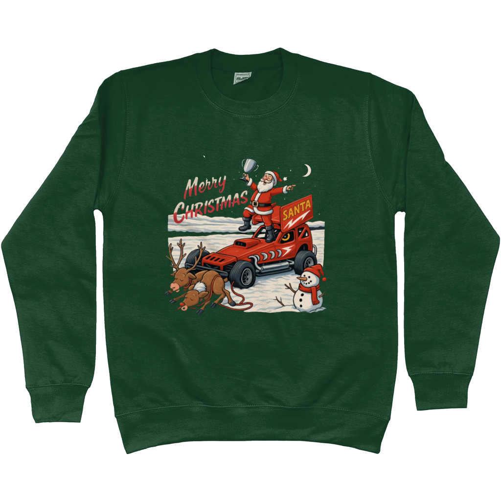 Green sweatshirt with Christmas-themed design featuring Santa Claus and reindeer in a Brisca F1 theme
