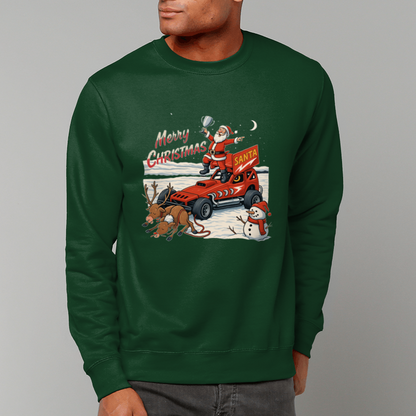 Man wearing a green Christmas-themed sweatshirt with a Christmas design featuring a Brisca f1 stockcar