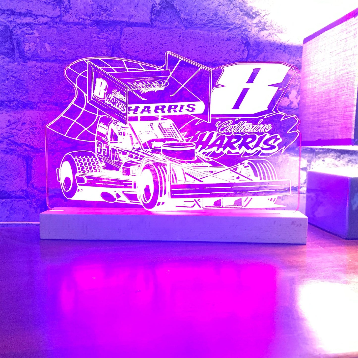 Catherine Harris #8 Brisca F1 Night Light - Large Wooden Base - Night Light - Stock Car & Banger Toy Tracks