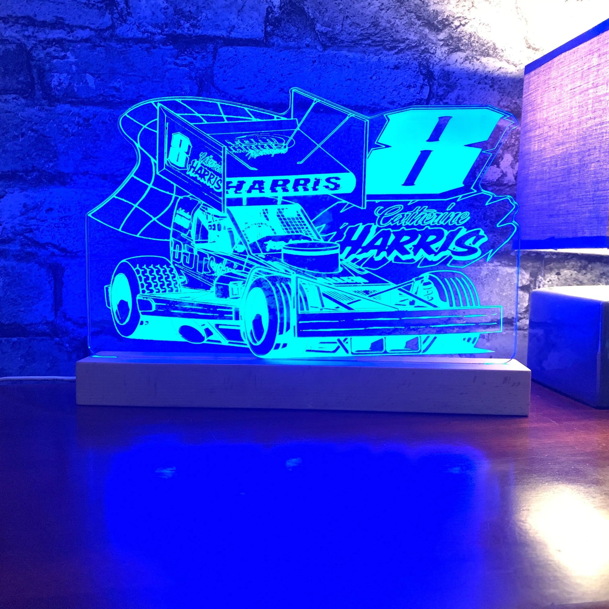 Catherine Harris #8 Brisca F1 Night Light - Large Wooden Base - Night Light - Stock Car & Banger Toy Tracks