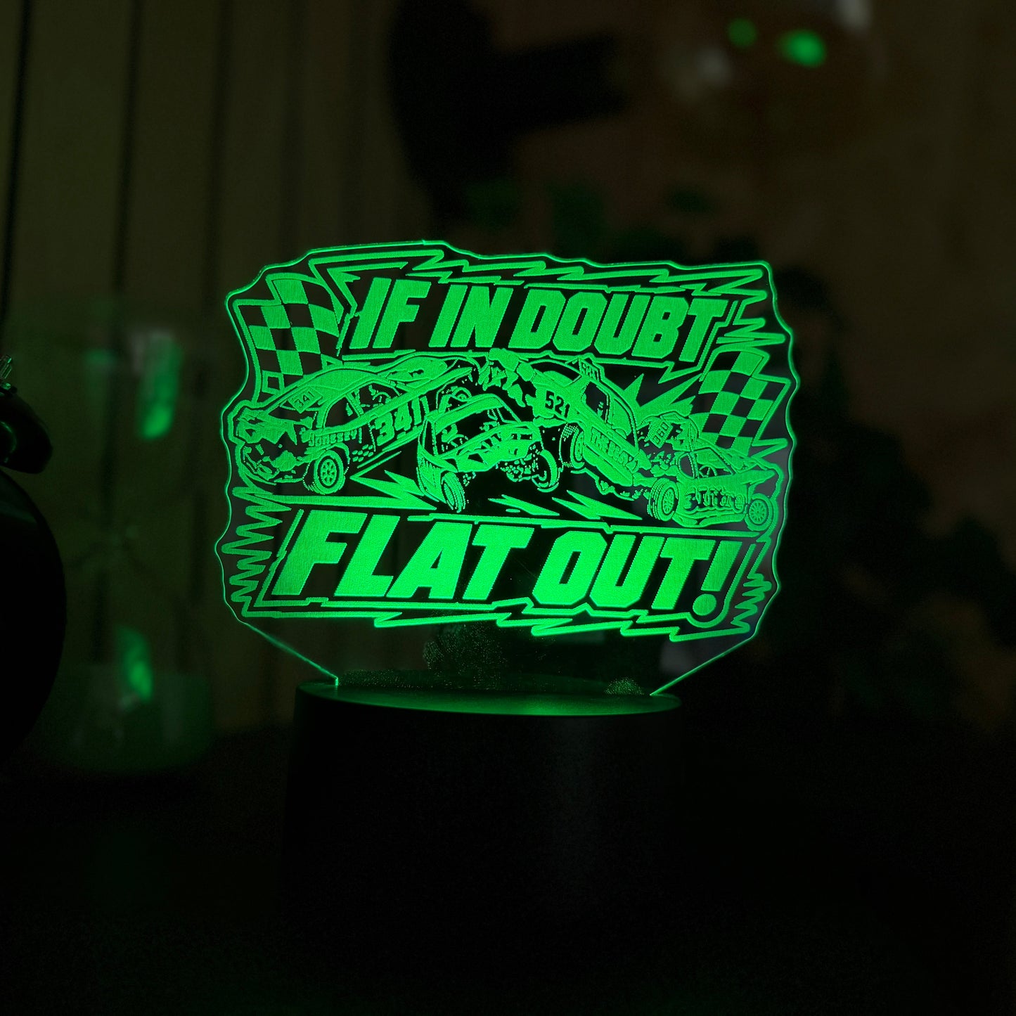 If In Doubt Flat Out banger racing LED night light glowing yellow green with crash scene and chequered flags