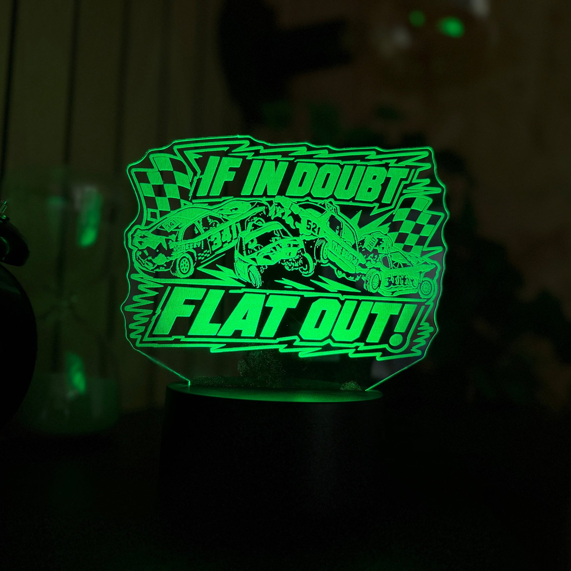 If In Doubt Flat Out banger racing LED night light glowing yellow green with crash scene and chequered flags