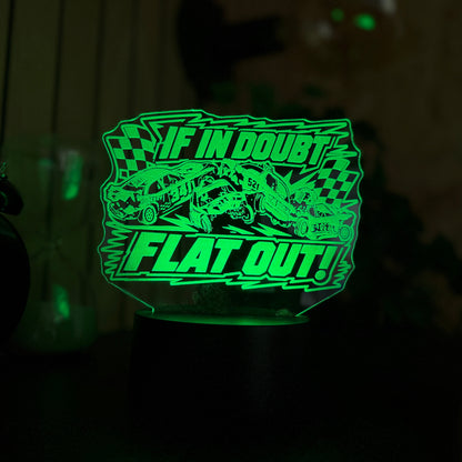 If In Doubt Flat Out banger racing LED night light glowing yellow green with crash scene and chequered flags