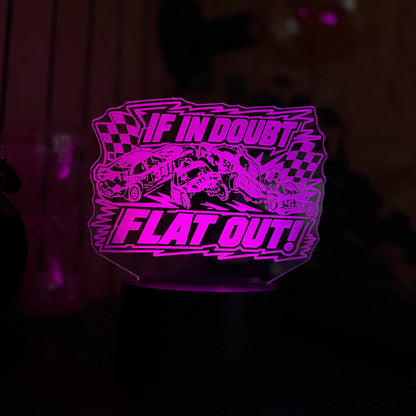 If In Doubt Flat Out banger racing night light cyan LED on bedside table next to alarm clock