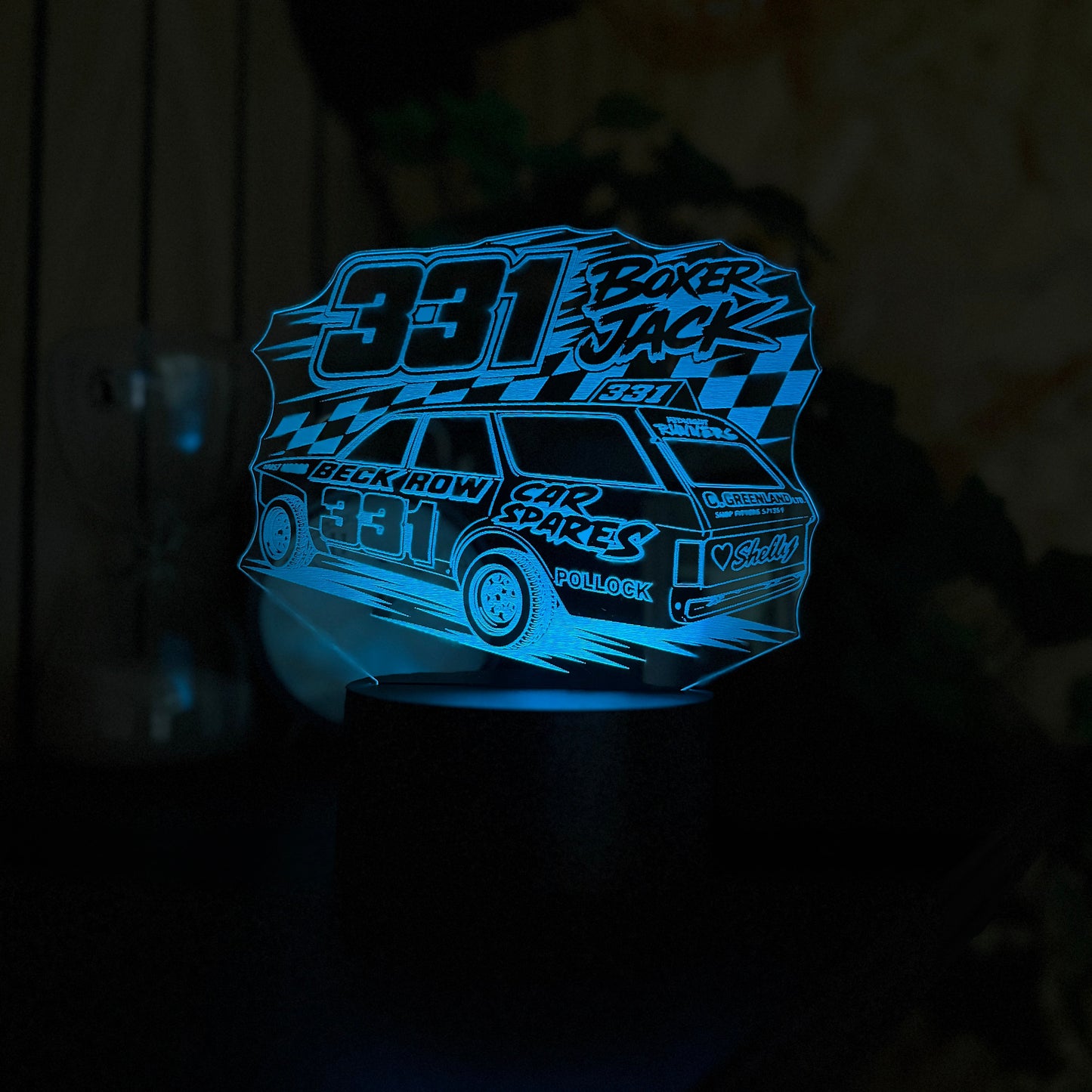 Boxer Jack 331 banger racing acrylic night light blue LED with sponsor livery and chequered flag