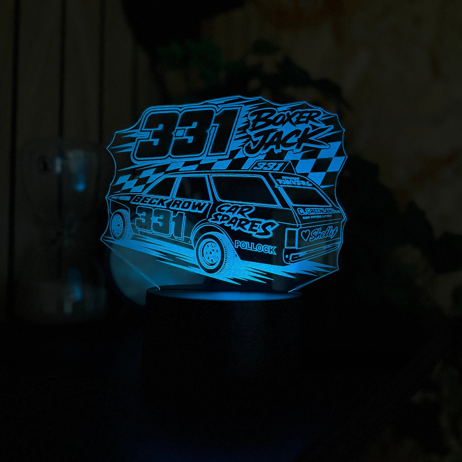 Boxer Jack 331 banger racing acrylic night light blue LED with sponsor livery and chequered flag
