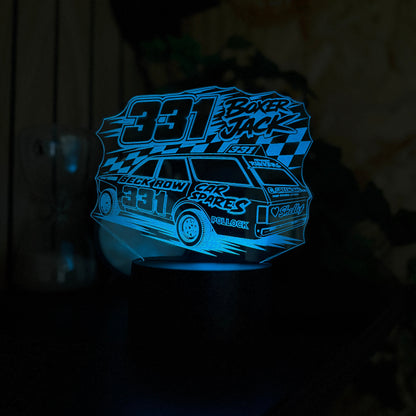 Boxer Jack 331 banger racing acrylic night light blue LED with sponsor livery and chequered flag