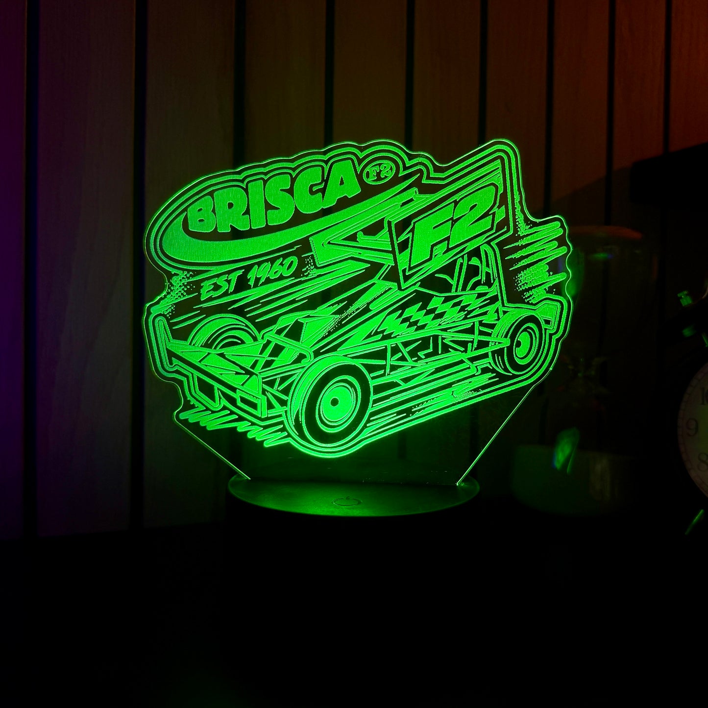 Brisca F2 stock car acrylic night light green LED on bedside table next to alarm clock