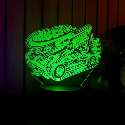 Brisca F2 stock car acrylic night light green LED on bedside table next to alarm clock