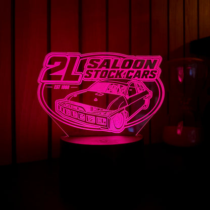 2L Saloon Stock Cars acrylic night light illuminated in pink with Est 1968 branding