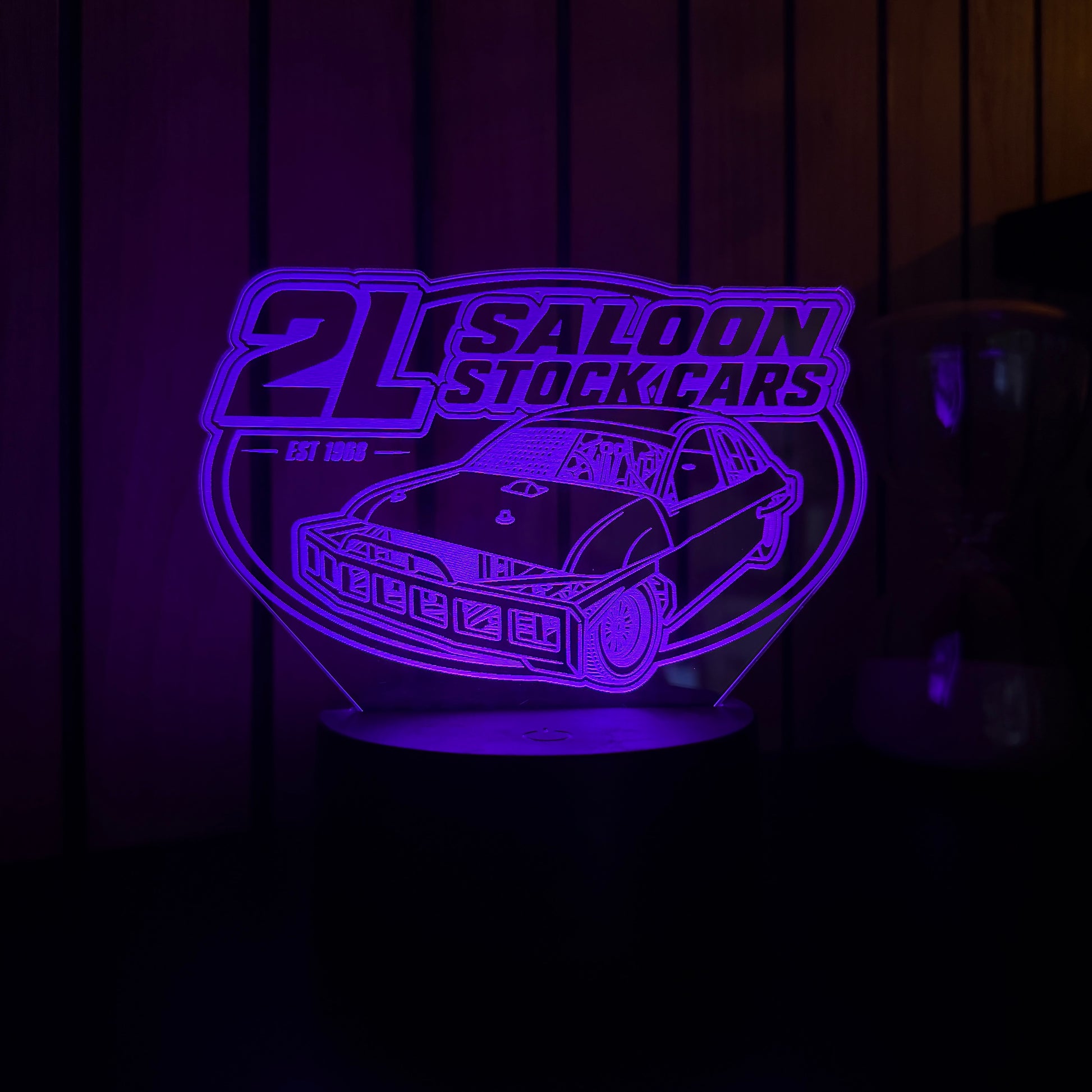 2L Saloon Stock Cars personalised LED night light purple glow