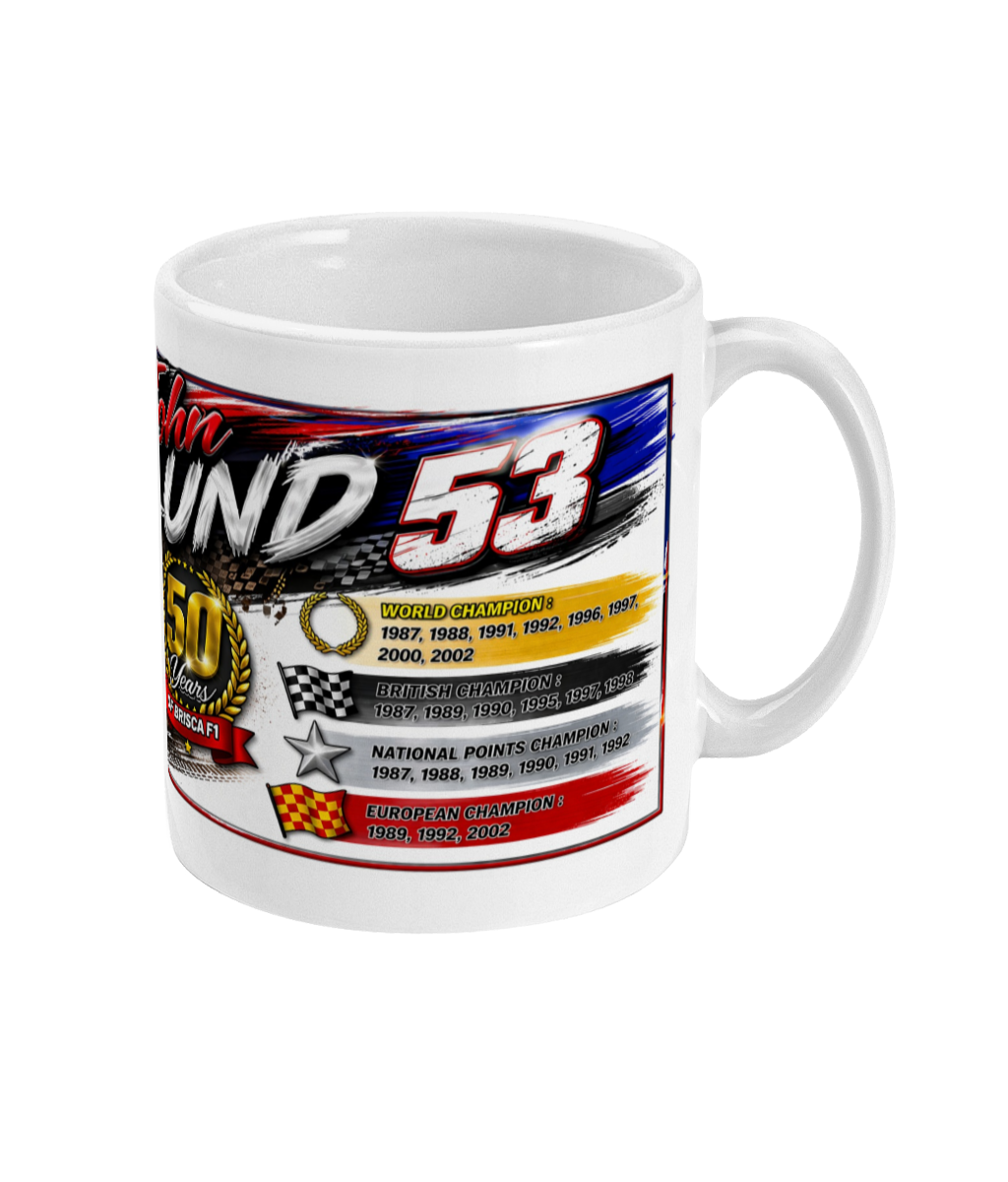 John Lund 53 Brisca F1 stock car mug — side view showing World British European and National championship titles