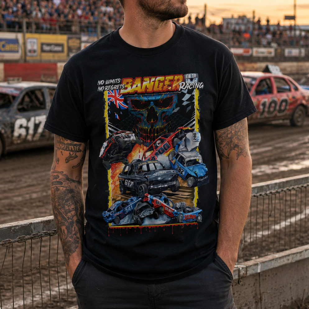 Man wearing No Limits No Regrets banger racing t-shirt in black — front view showing skull and banger car crash design at a race track.