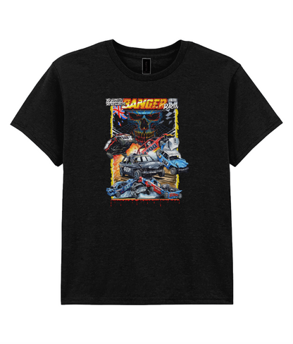 No Limits No Regrets kids banger racing t-shirt in black — front view showing skull and banger car crash design