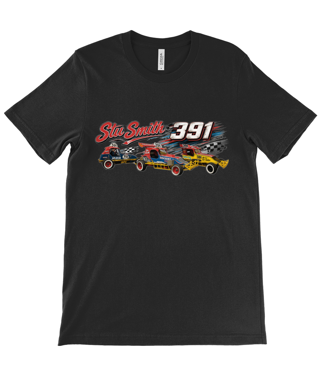 Black T-shirt featuring a vibrant “Stu Smith 391” Brisca F1 stock car racing design, with three classic race cars in red, blue, and yellow, dynamic motion streaks, and checkered flag elements across the chest.
