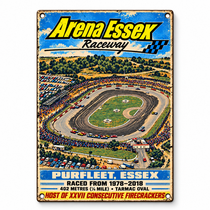 Arena Essex Raceway A5 wooden retro sign – front view on white background