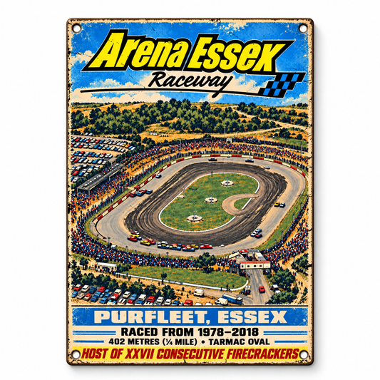 Arena Essex Raceway A5 wooden retro sign – front view on white background