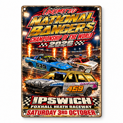 Unlimited National Bangers World Final 2026 A5 wooden retro sign – front view on white background