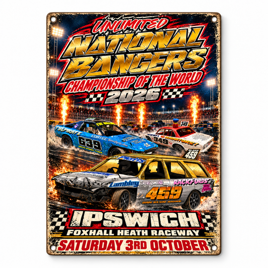 Unlimited National Bangers World Final 2026 A5 wooden retro sign – front view on white background