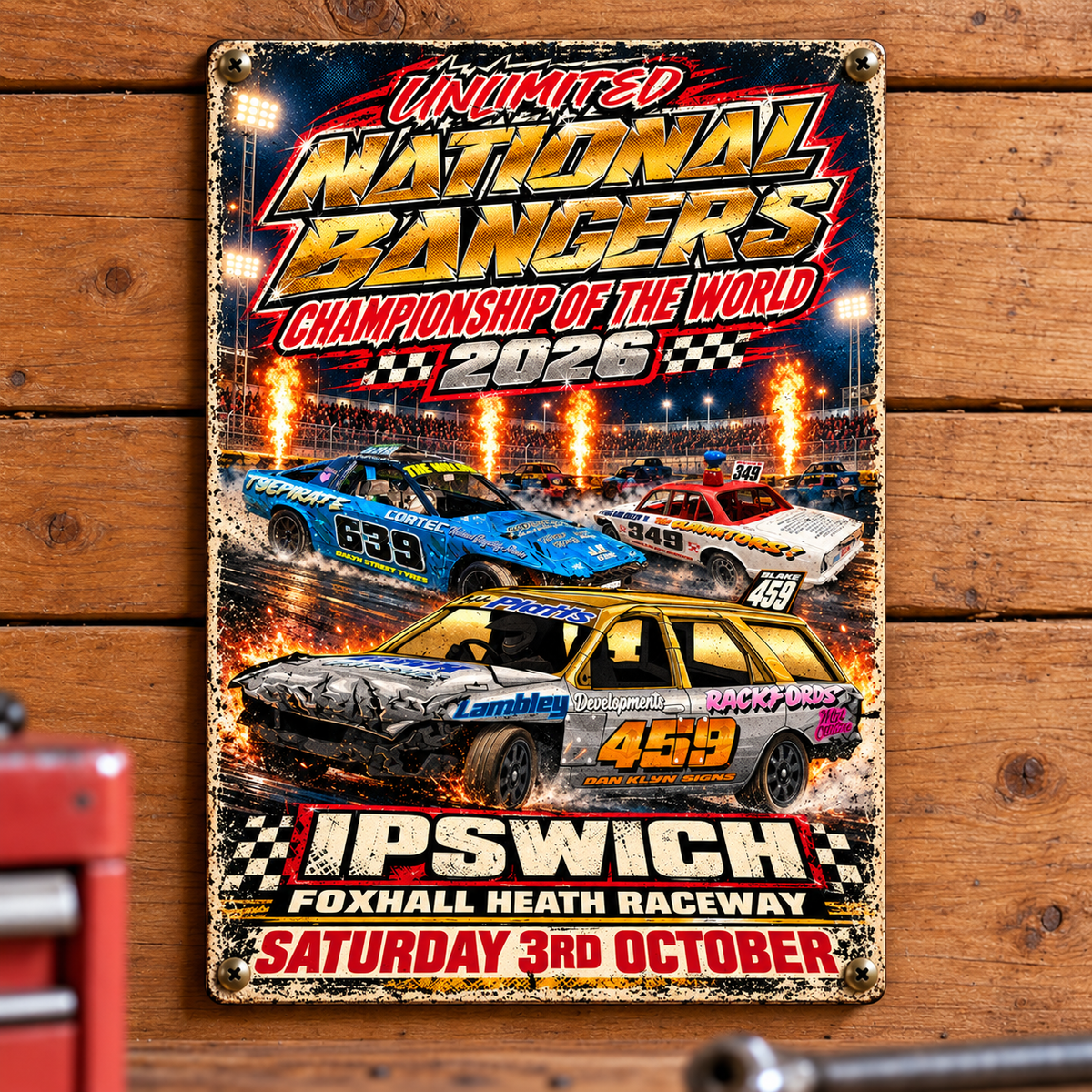 Unlimited National Bangers World Final 2026 A5 wooden retro sign – mounted on a workshop wall