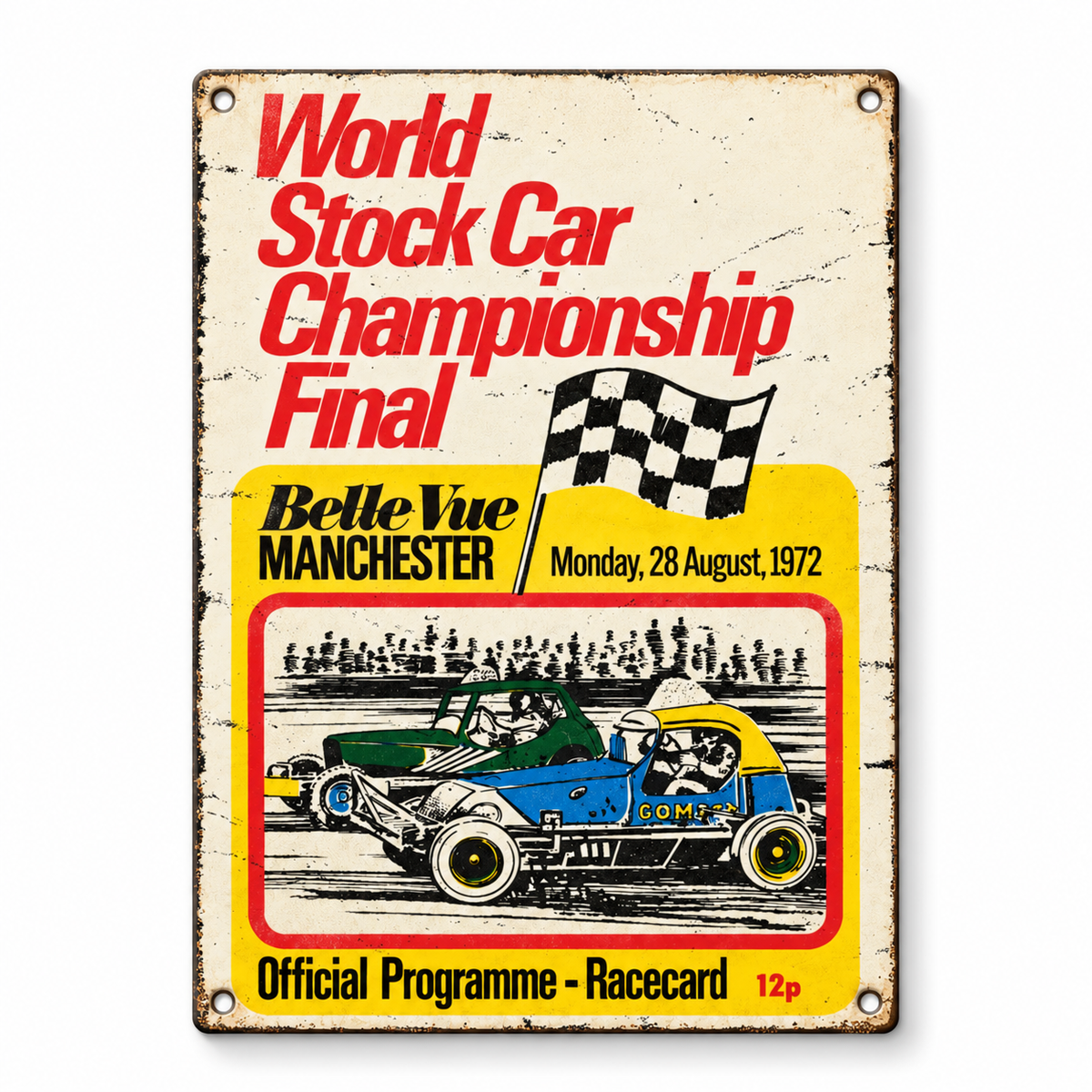 Belle Vue World Final 1972 A5 wooden retro sign – front view on white background