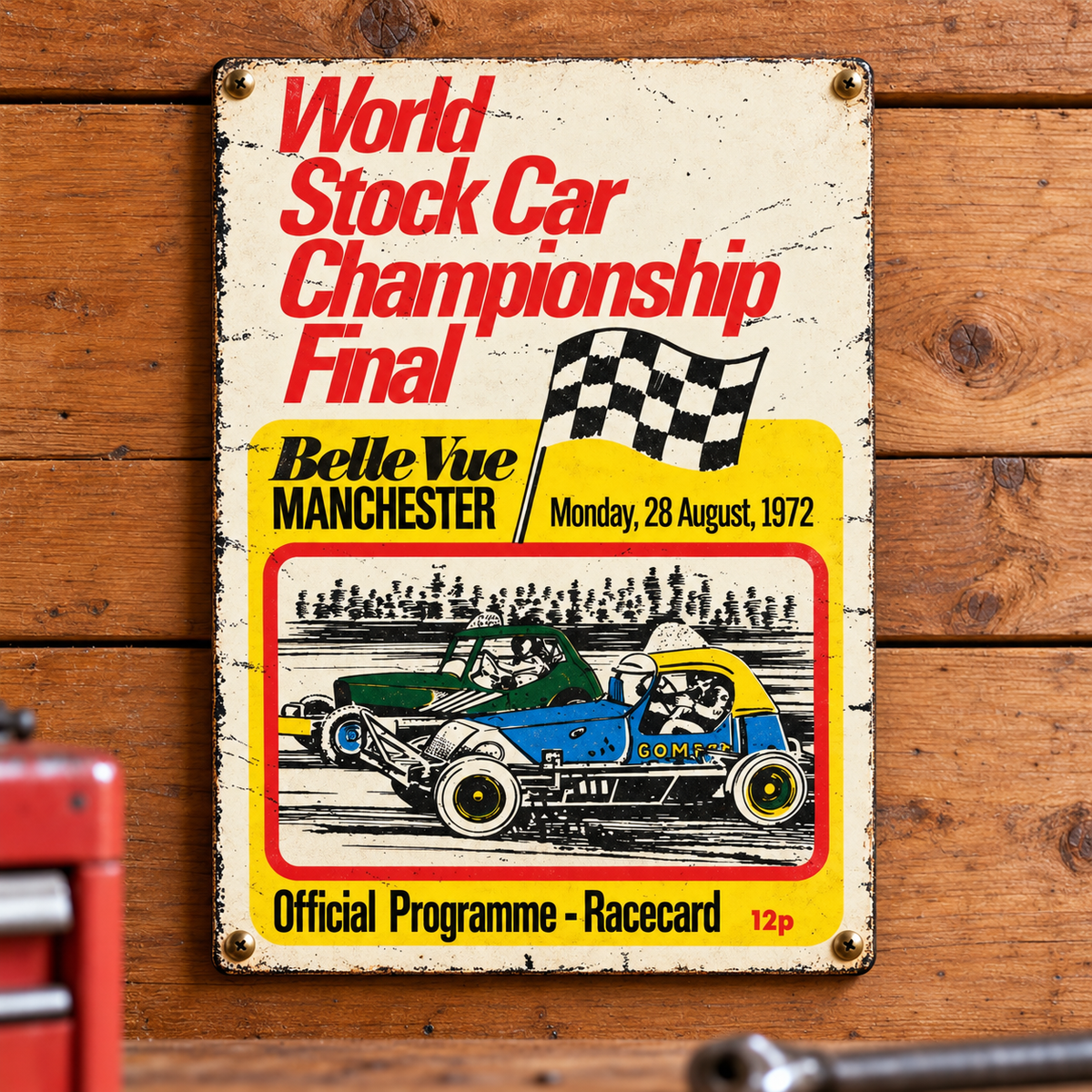 Belle Vue World Final 1972 A5 wooden retro sign – mounted on a workshop wall
