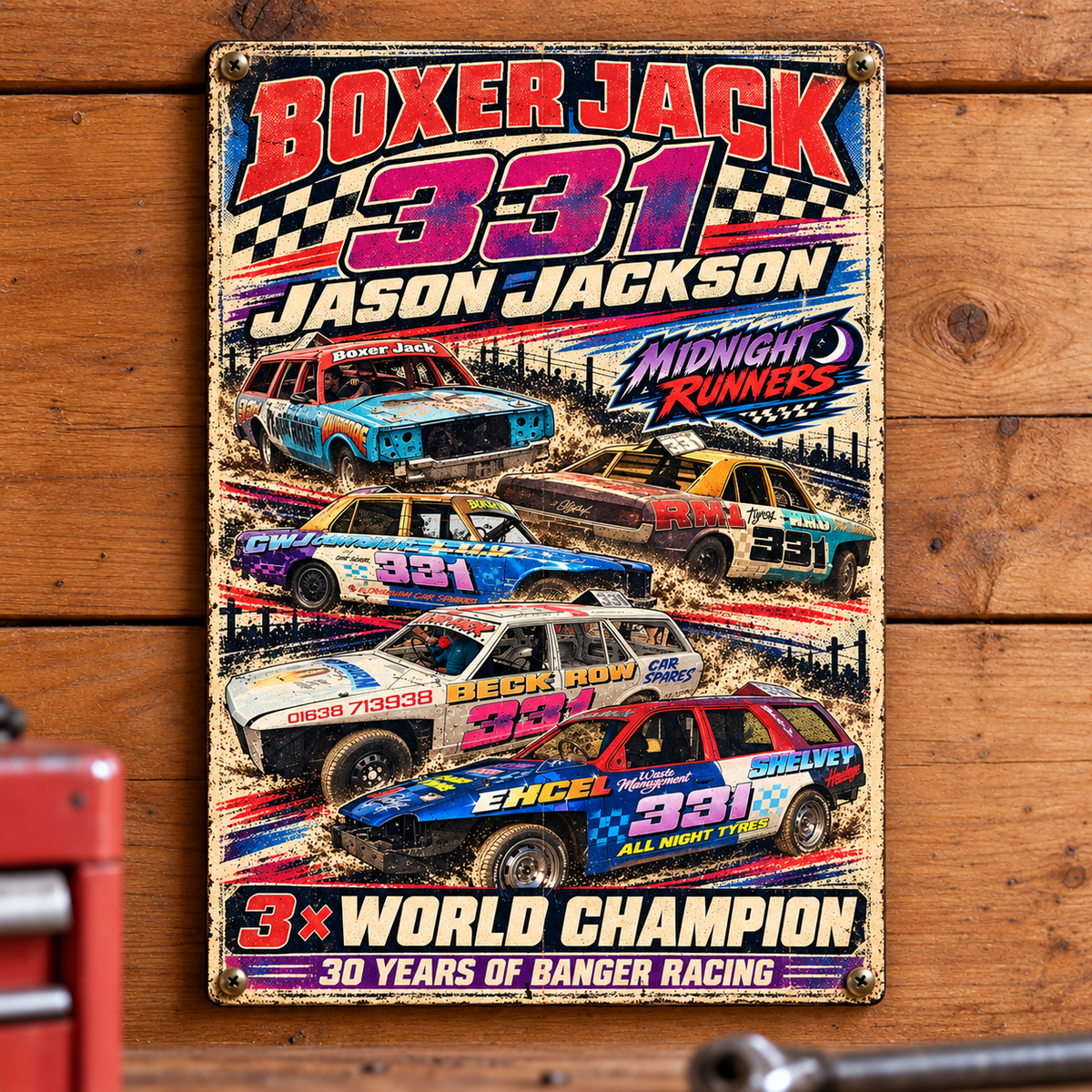 Boxer Jack 331 Jason Jackson A5 wooden retro sign – mounted on a workshop wall