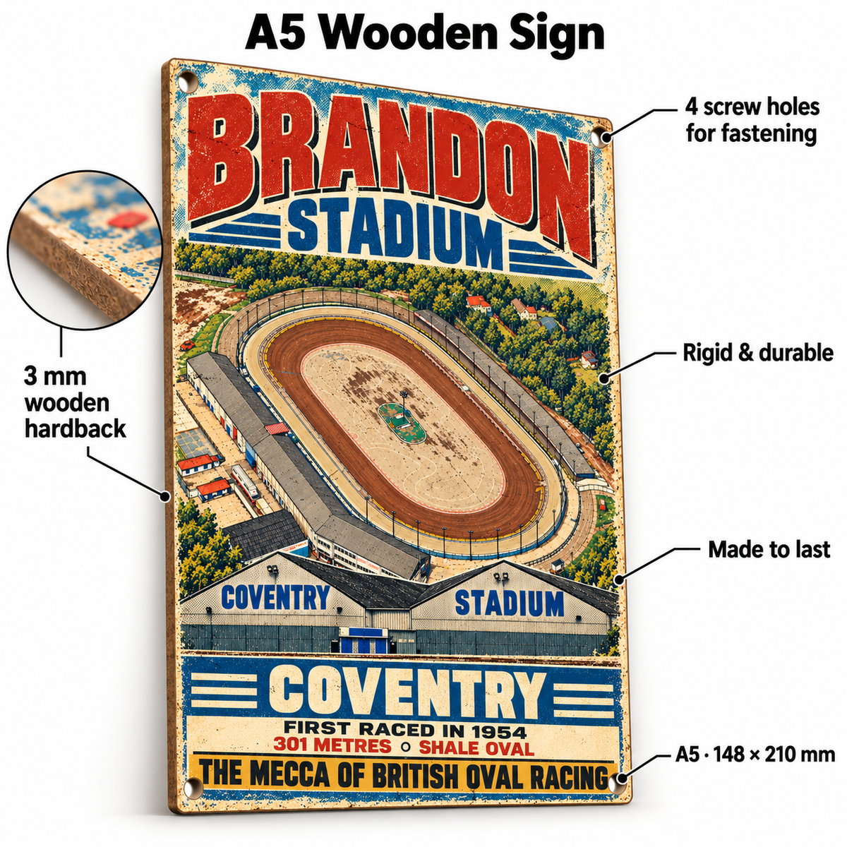 Brandon Coventry Stadium A5 wooden retro sign – 3 mm wooden hardback and four screw holes