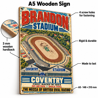 Brandon Coventry Stadium A5 wooden retro sign – 3 mm wooden hardback and four screw holes