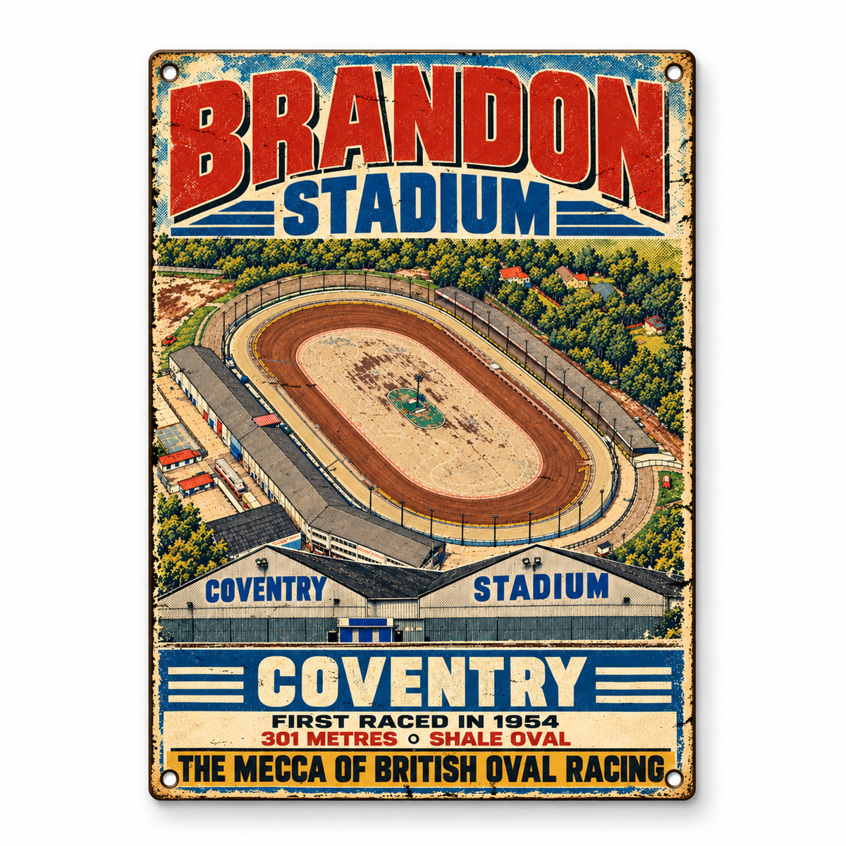 Brandon Coventry Stadium A5 wooden retro sign – front view on white background