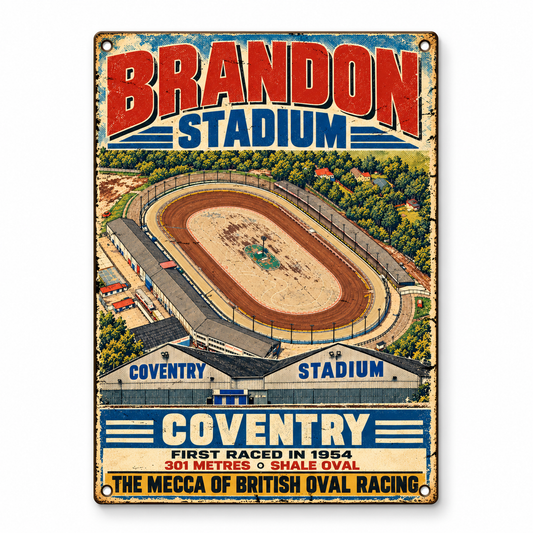 Brandon Coventry Stadium A5 wooden retro sign – front view on white background