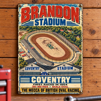 Brandon Coventry Stadium A5 wooden retro sign – mounted on a workshop wall