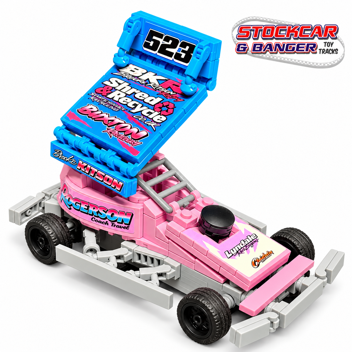 BriSCA F1 523 brick building kit, angled view
