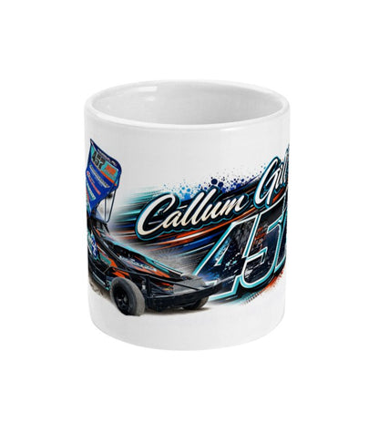 Callum Gill 457 Brisca F1 stock car mug — front view with Callum Gill name and number 457 in teal