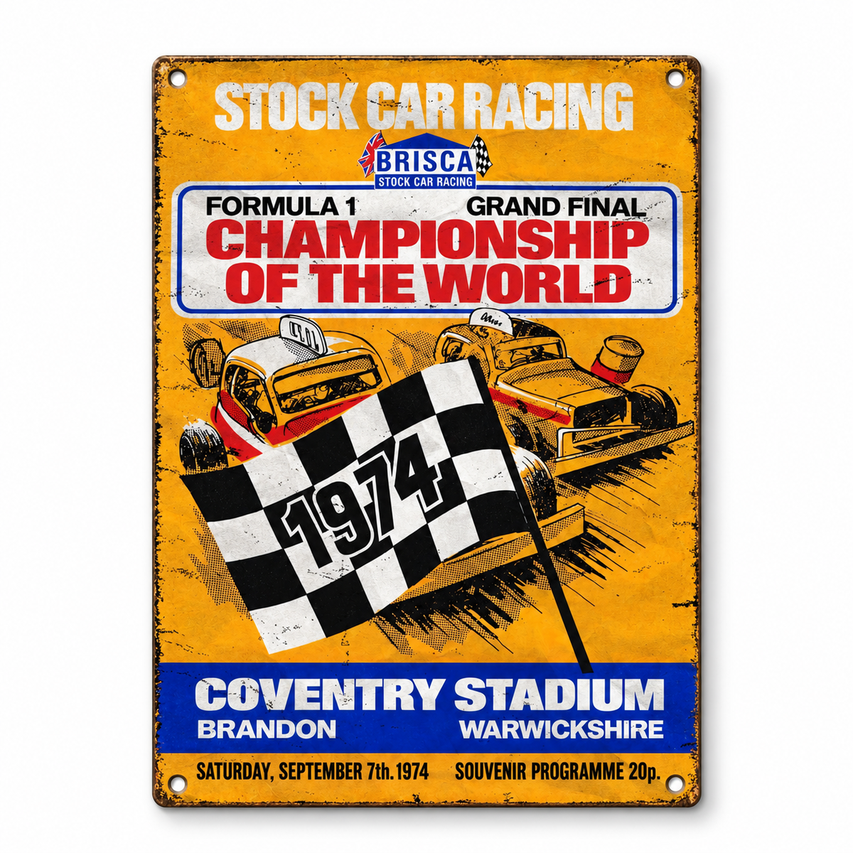 Coventry World Final 1974 A5 wooden retro sign – front view on white background