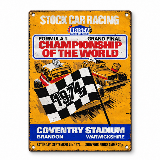 Coventry World Final 1974 A5 wooden retro sign – front view on white background
