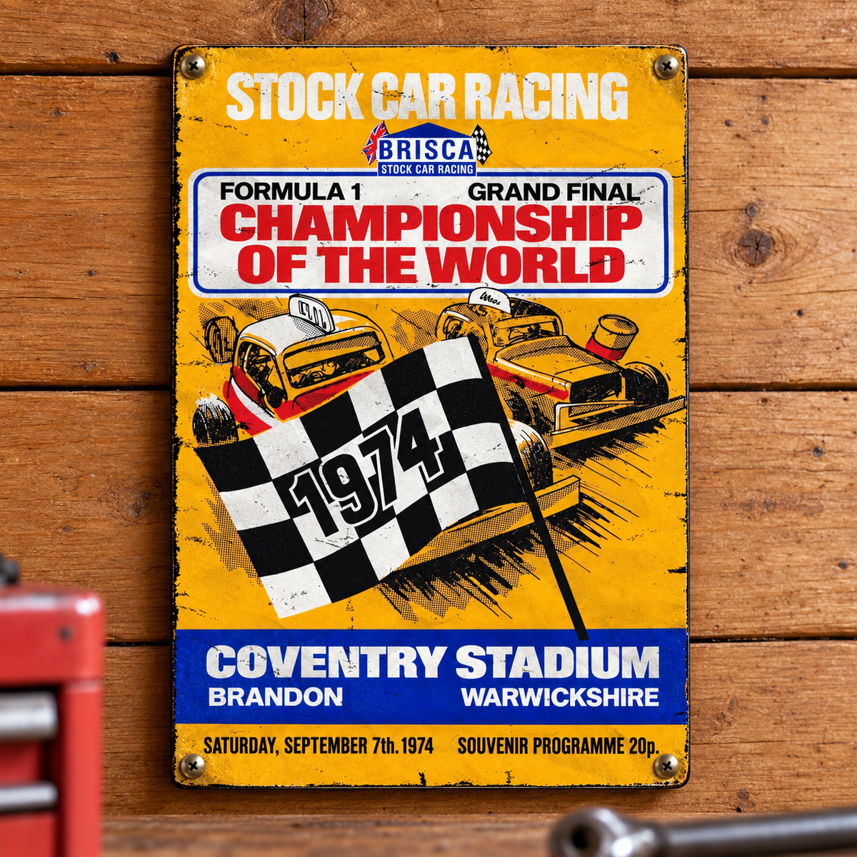 Coventry World Final 1974 A5 wooden retro sign – mounted on a workshop wall