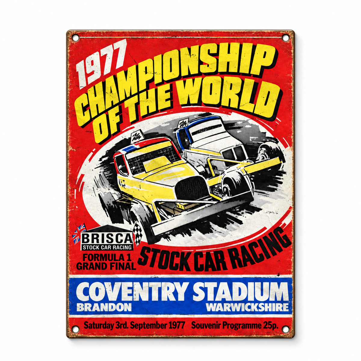 Coventry World Final 1977 A5 wooden retro sign – front view on white background