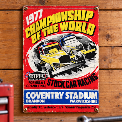 Coventry World Final 1977 A5 wooden retro sign – mounted on a workshop wall