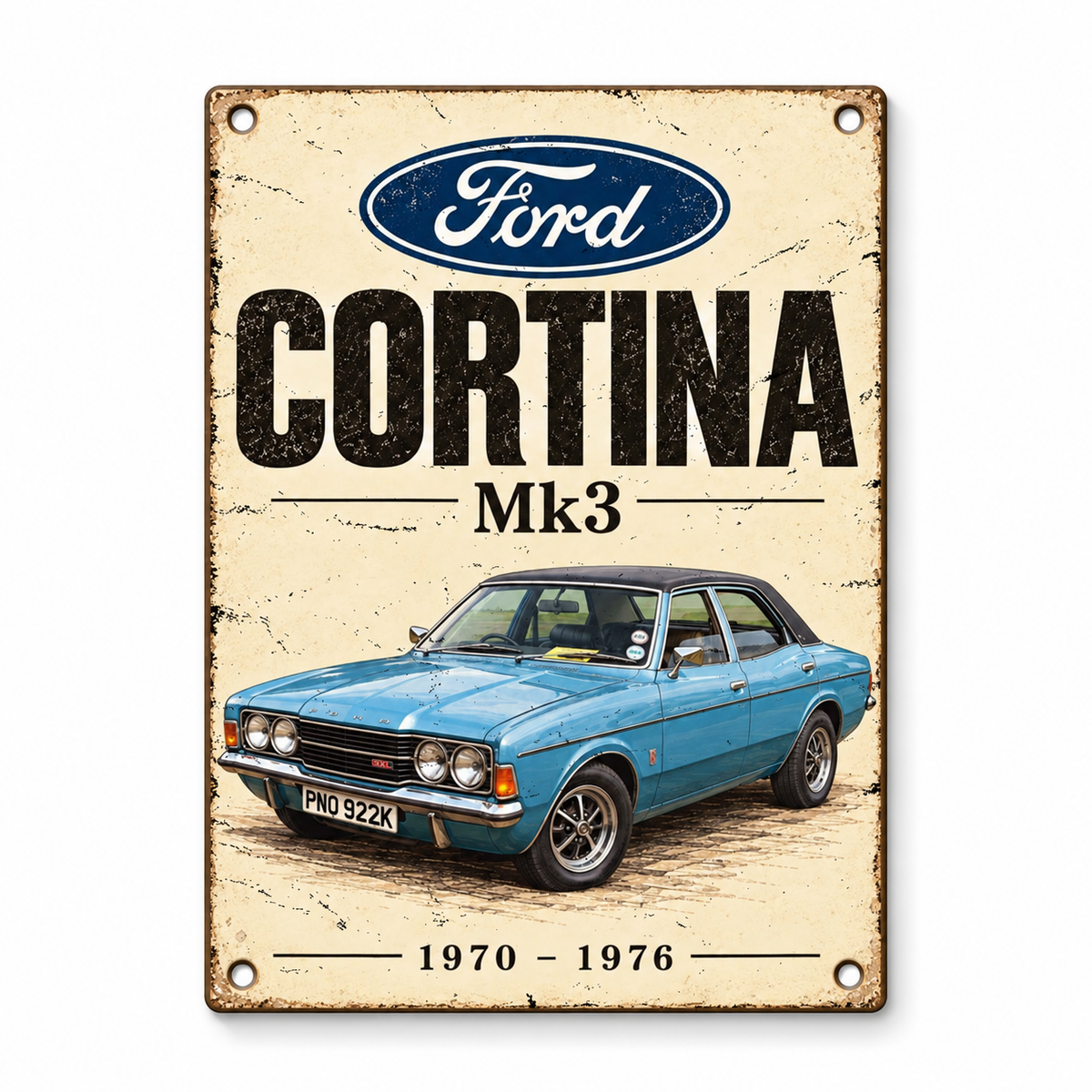 Ford Cortina Mk3 A5 wooden retro sign – front view on white background