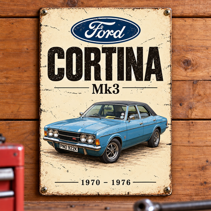 Ford Cortina Mk3 A5 wooden retro sign – mounted on a workshop wall