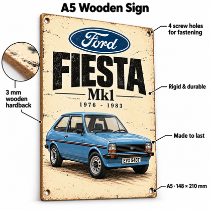 Ford Fiesta Mk1 A5 wooden retro sign – 3 mm wooden hardback and four screw holes